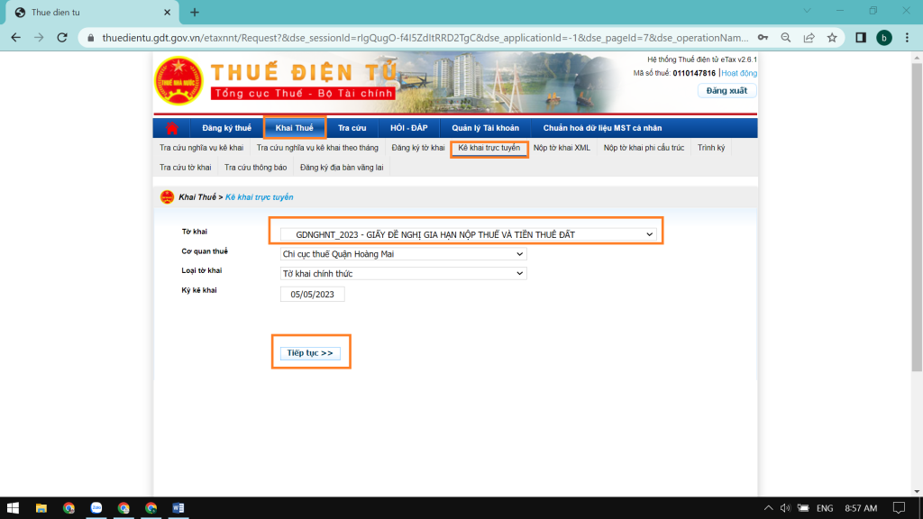 cách khai và nộp giấy đề nghị gia hạn nộp thuế và tiền thuế đất năm 2023 Online