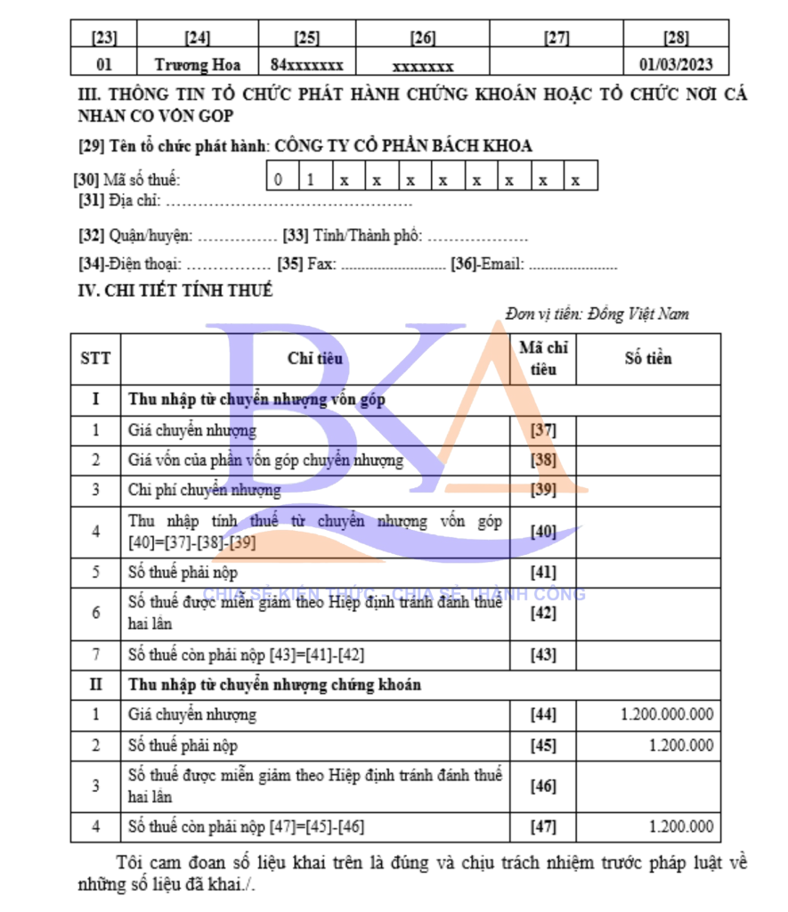 Kê khai thuế thu nhập cá nhân từ chuyển nhượng vốn góp và cổ phần