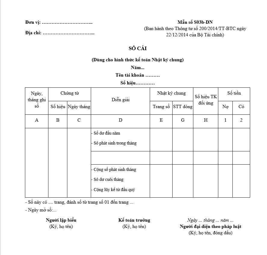 mẫu sổ cái