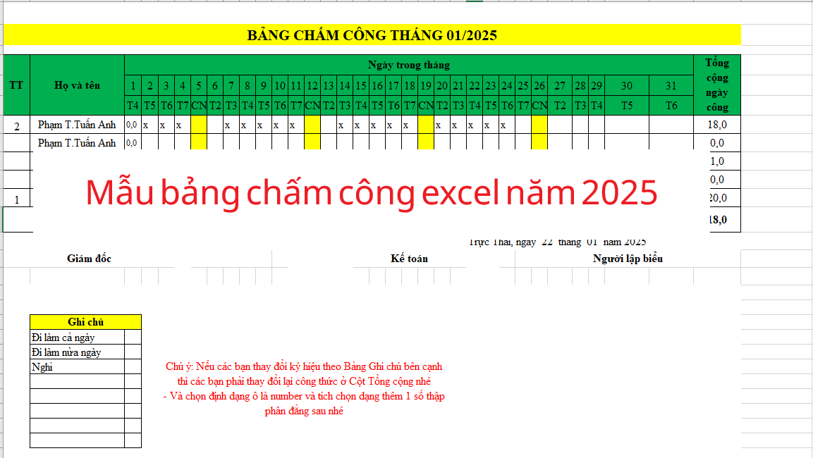 mẫu bảng chấm công excel năm 2025