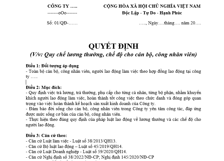 Mẫu quy chế lương thưởng