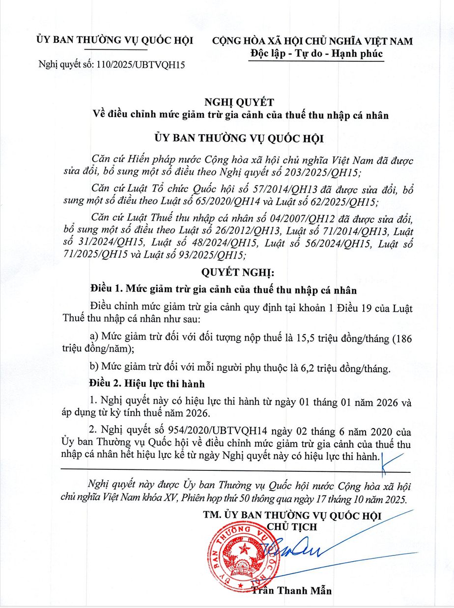 Nghị quyết 110/2025/UBTVQH15