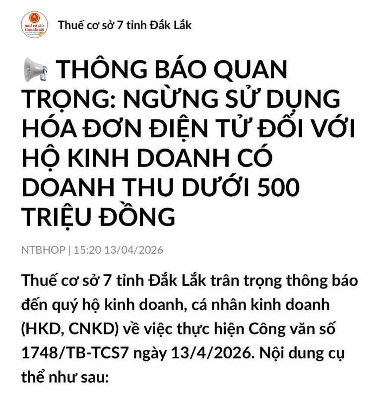 Ngừng sử dụng hóa đơn điện tử với hộ kinh doanh dưới 500 triệu: Chính sách mới cần đặc biệt lưu ý 
